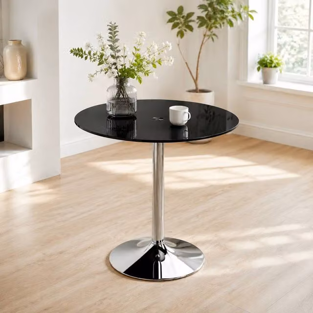 STILVORA Modern Round Dining Table for 4 with Black Glossy Tempered Glass Top and Metal Frame, W/D/H: 120 x 120 x 75.5 cm – 1