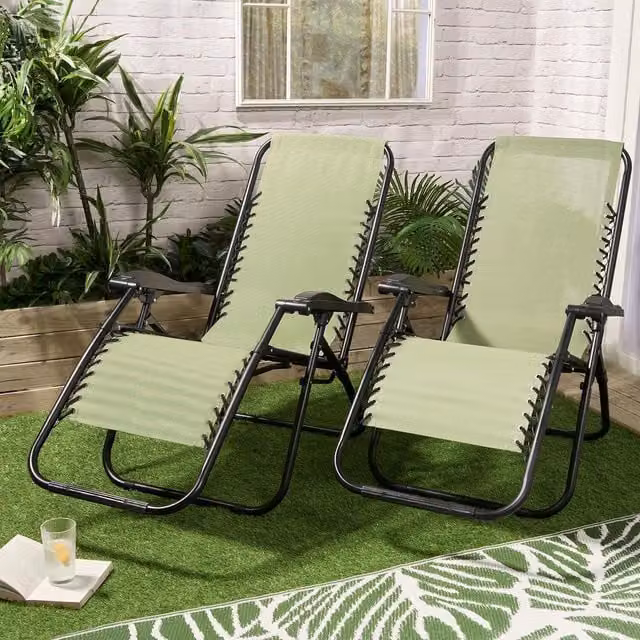 OHS Set of 2 Modern Garden Gravity Folding Sun Loungers in Green with Textilene Fabric and Armrests