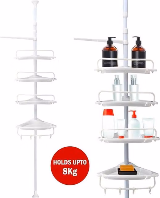 KORVIXA 4 Tier Telescopic Adjustable Bathroom Corner Wall Shelf in White – 1