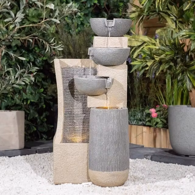 Serenity Cascading Four Bowl and Wall Tabletop Water Feature with LED Lights in Grey