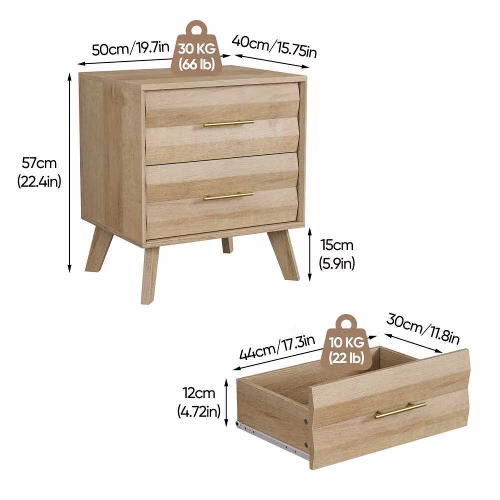 Matteo Oak-Coloured Double-Drawer Bedside Table in Brown and Beige – 2