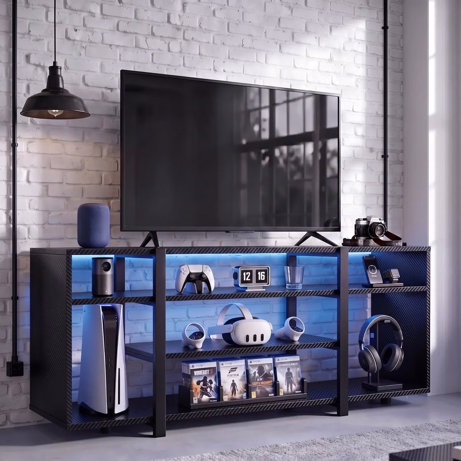 Zelumi Industrial LED TV Stand with Integrated Lighting and Media Compartments, Black, W: 140 cm, D: 31 cm, H: 62 cm