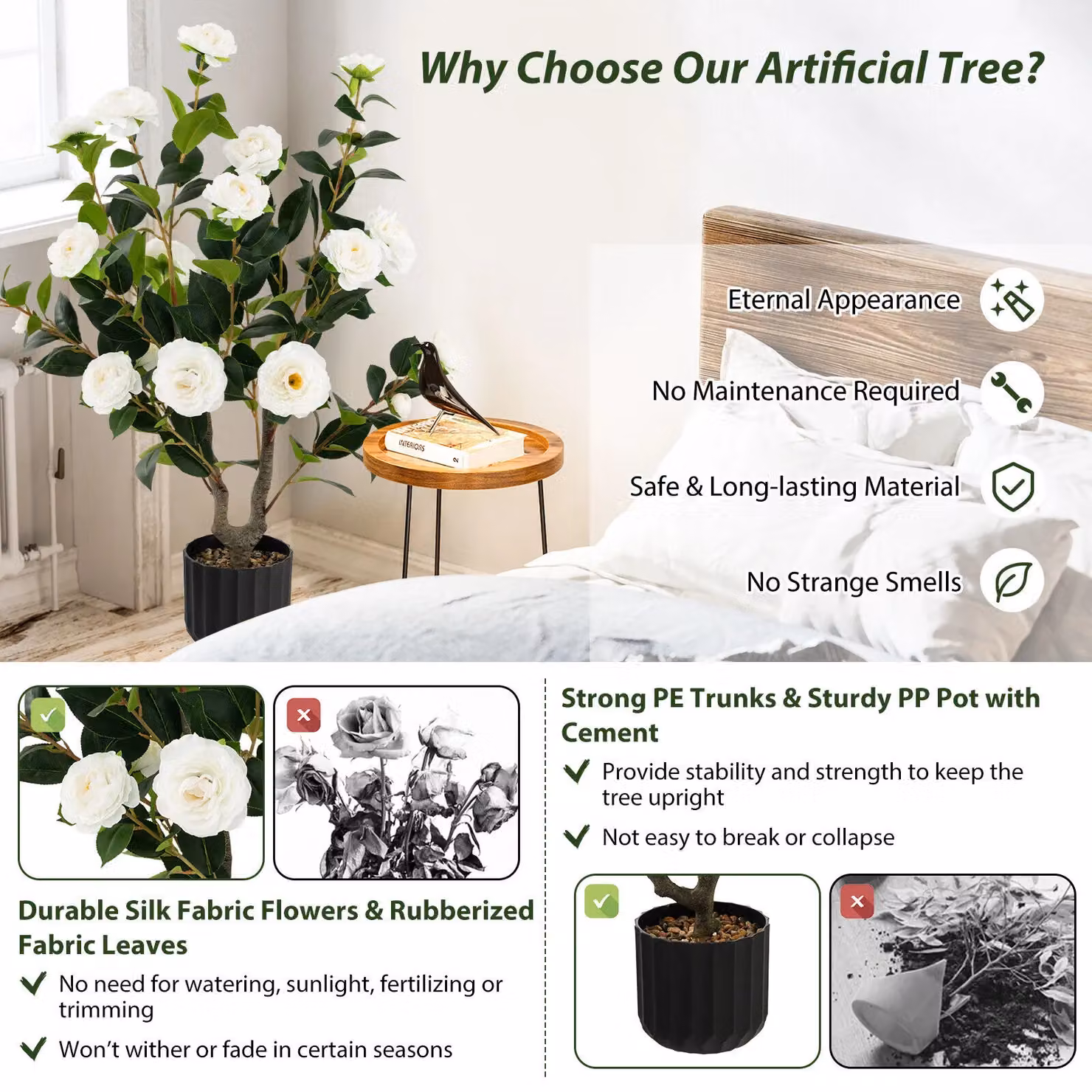 Costway 2 Pack Artificial Camellia Tree Faux Floral Plants in White – 6