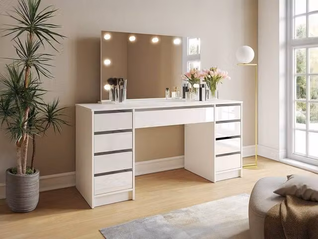 Vente-unique Double Dressing Table with LED Mirror and 9 Drawers in Gloss White – 1