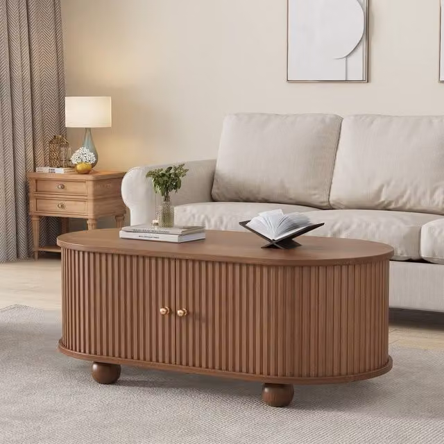 Merax Oval Fluted Coffee Table with 2 Sliding Doors and Hidden Storage in Brown, W/D/H: 100 x 50 x 40 cm