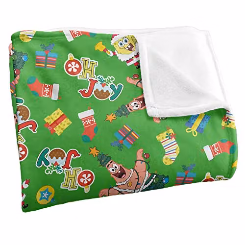 LOGOVISION Spongebob Christmas Pattern Super Soft Fleece Throw Blanket, Multicolour, W: 152 cm, D: 127 cm – 2