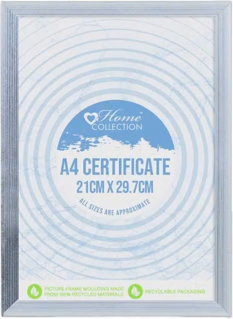 IG Design Cambridge Single Glass Certificate Frame in Silver, W/D/H: 29.7 x 21.0 x 29.7 cm