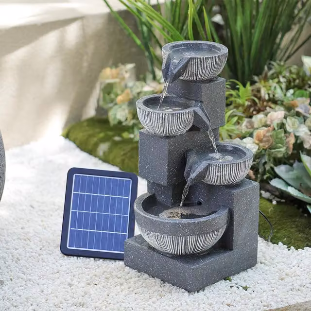 Livingandhome LED Solar Tabletop Water Feature with Round Stone Cascade Design, Grey, H 21 cm