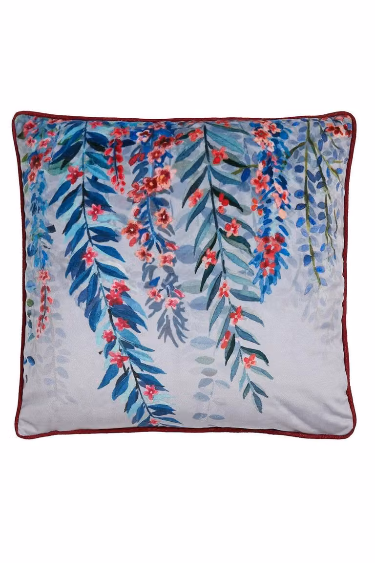 Soiree Blue Tropical Leaf and Fern Velvet Filled Cushion with Removable Cover, W/D/H: 43 x 43 x 43 cm
