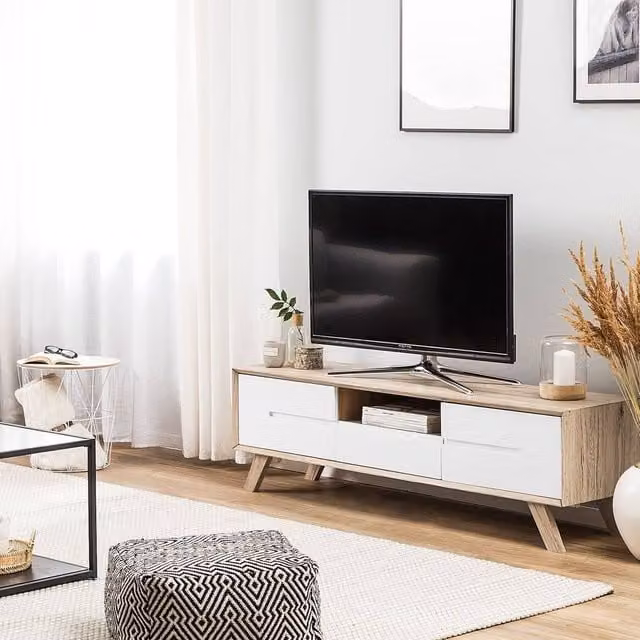 Wyld Haus Scandinavian TV Stand in White and Brown with 2 Cabinets, W: 150 cm, D: 40 cm, H: 45 cm – 1