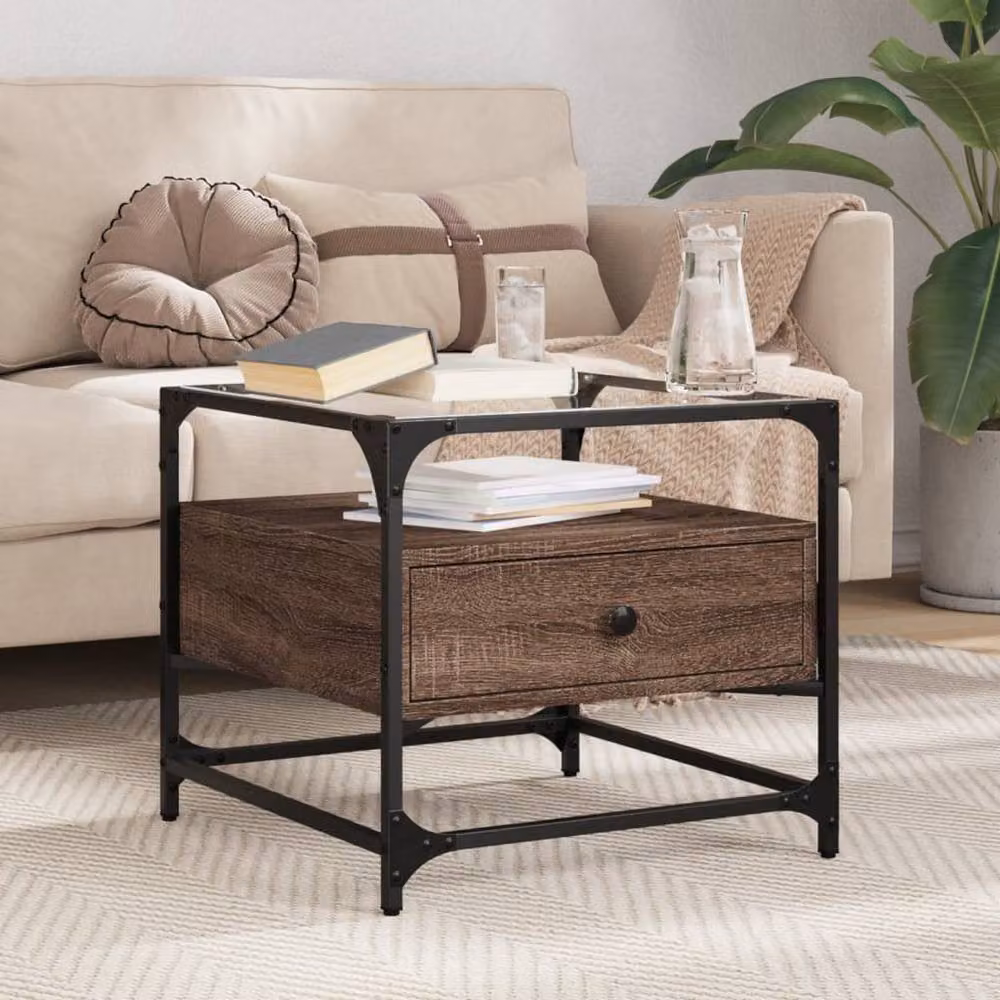 Berkfield Home Coffee Table with Glass Top in Brown Oak and Steel, W/D/H: 50 x 50 x 45 cm – 1