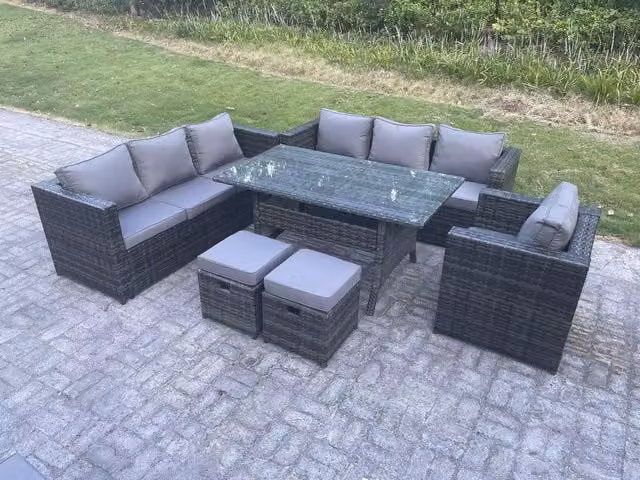 Fimous 9 Seater Rattan Garden Furniture Set with Rectangular Glass Dining Table and 2 Footstools in Dark Grey
