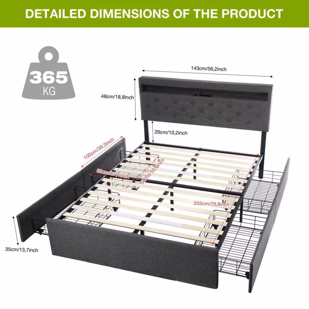 PAWNORA Double Bed Frame with LED Under-Bed Lighting in Dark Grey Fabric – 2