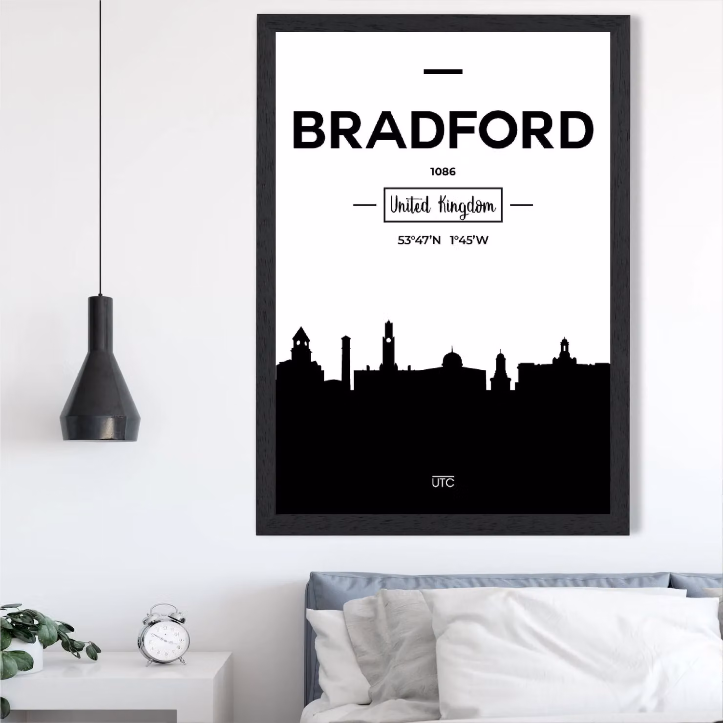 ARTZE Bradford Black and White City Skyline Framed Paper Poster Print – 2