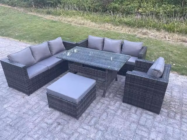 Fimous 8 Seater Rattan Outdoor Lounge Sofa and Dining Set with Glass Top Table in Dark Grey