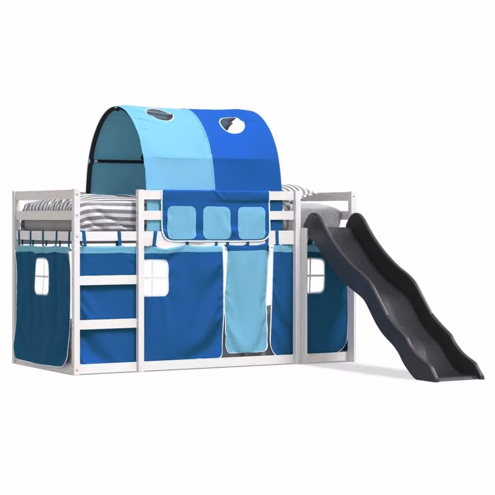 Berkfield Home Elegant Blue Bunk Bed with Slide and Curtains, Solid Pine Wood, W/D/H: 90 x 200 cm – 3