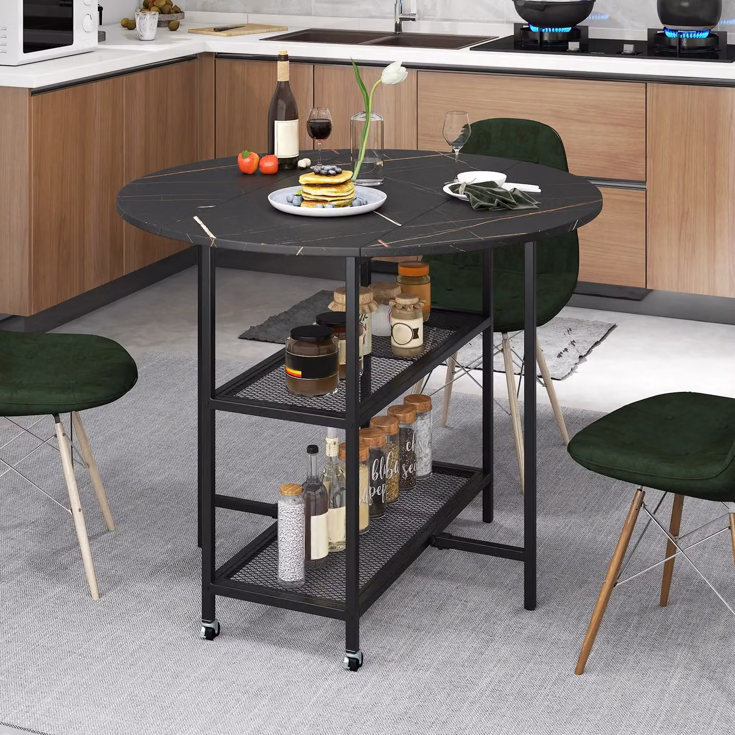 Gymax Modern Round Kitchen Dining Table with Drop Leaf Top in Black, Diameter: 100 cm – 3