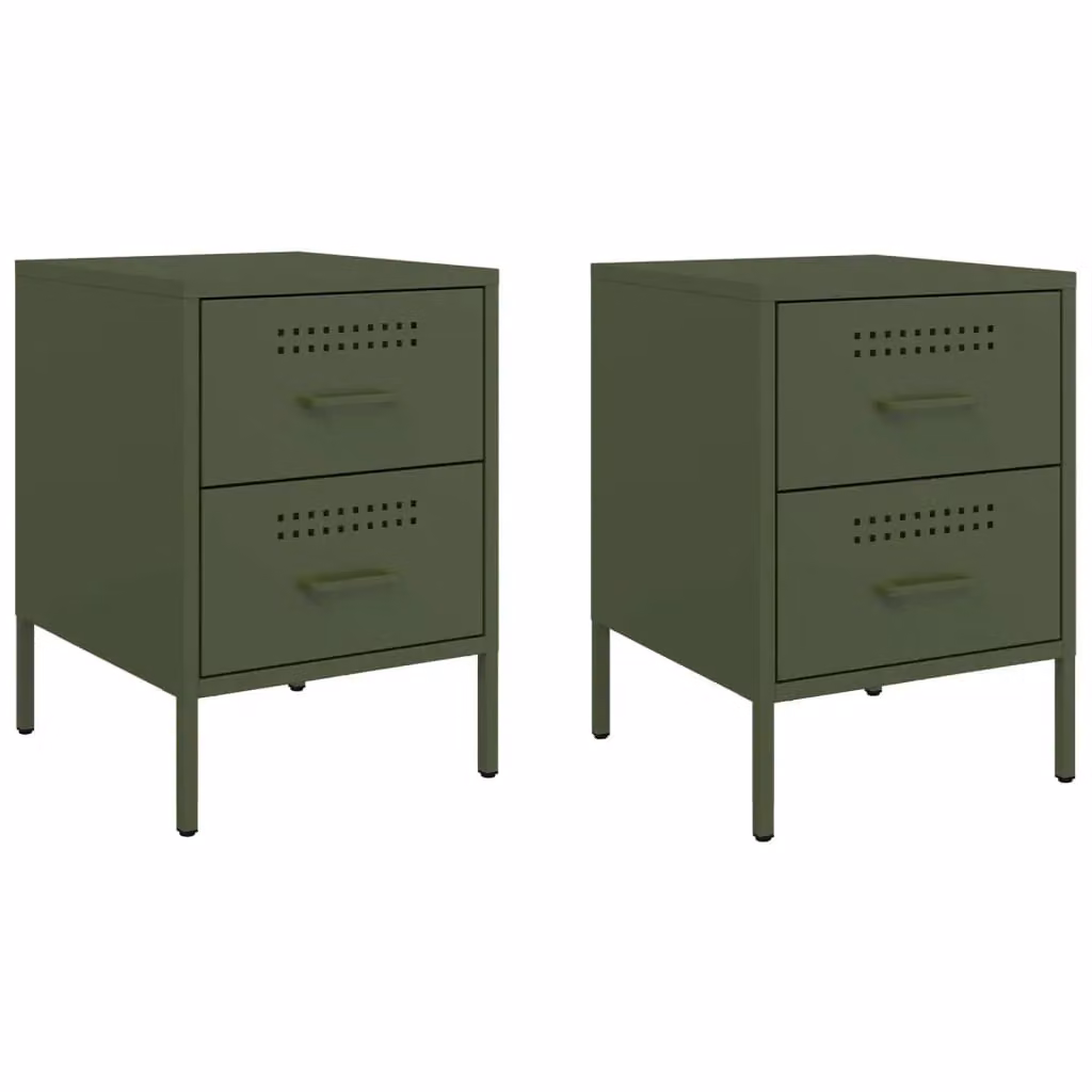 Berkfield Home Set of 2 Industrial Metal Bedside Cabinets in Olive Green, W/D/H: 36 x 39 x 50.5 cm – 2