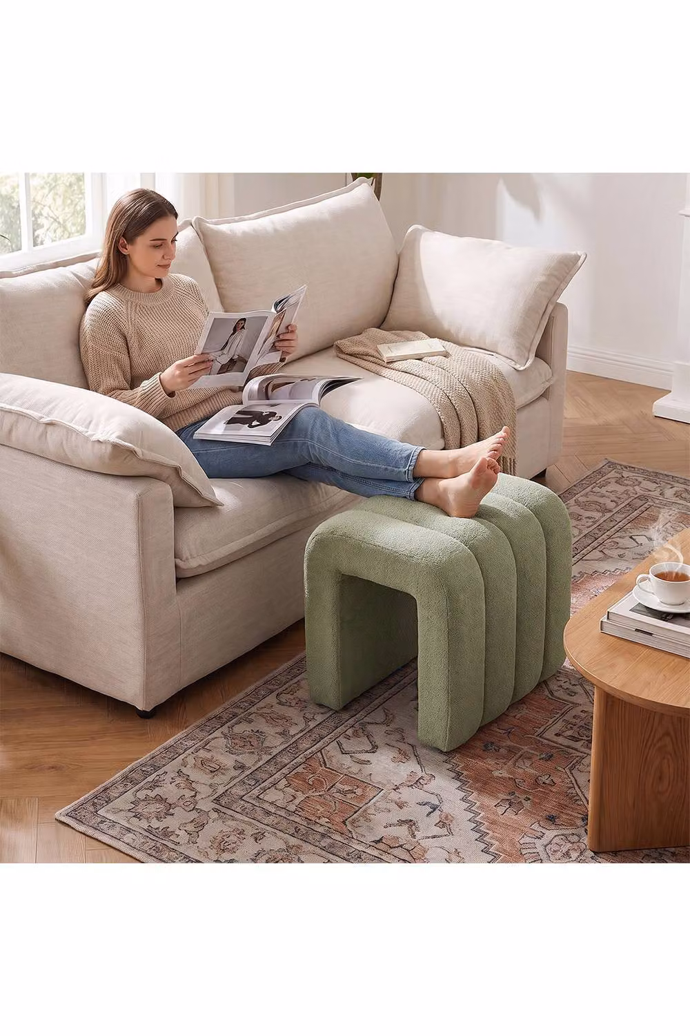Living and Home Modern U-Shaped Upholstered Footstool in Green – 2