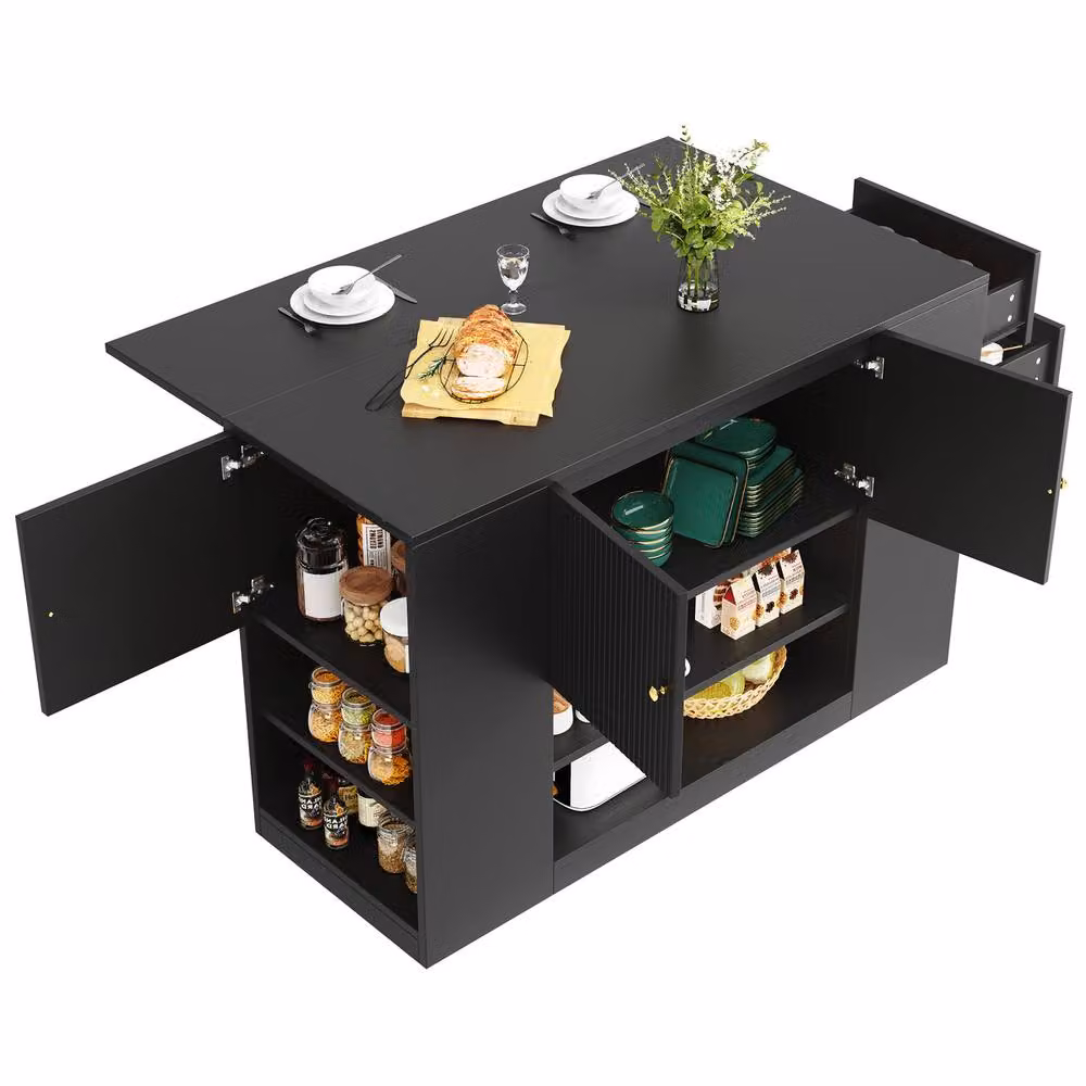 Rolipo Modern Black Kitchen Island with Fold-Down Tabletop and Storage – 10
