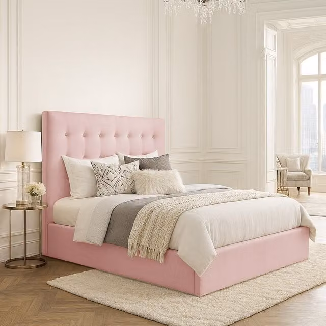 Desire Deco Serena Upholstered Velvet Bed Frame, Pink, W/D/H: 180 x 200 cm