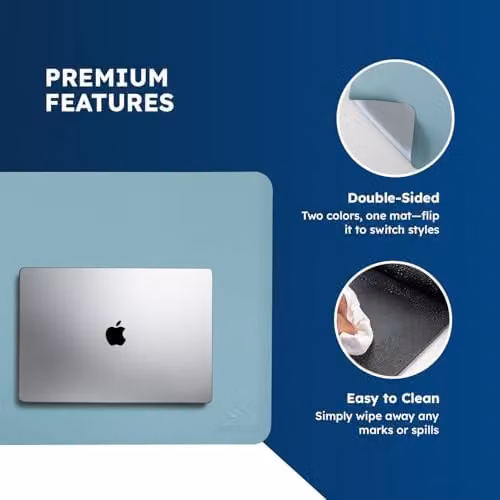 Desiretech Reversible PU Leather Desk Mat, Waterproof, Blue and Silver, W: 80 cm x D: 40 cm – 3