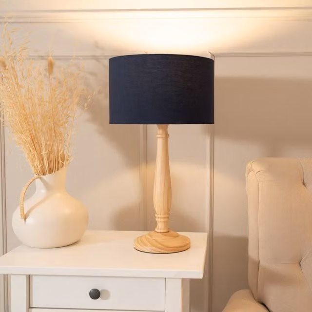 ValueLights Victoria Traditional Wood Stem Table Lamp with Navy Blue Fabric Drum Shade
