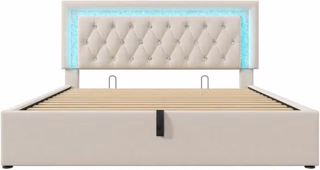 PAWNORA Velvet Upholstered King Size Storage Bed in Beige