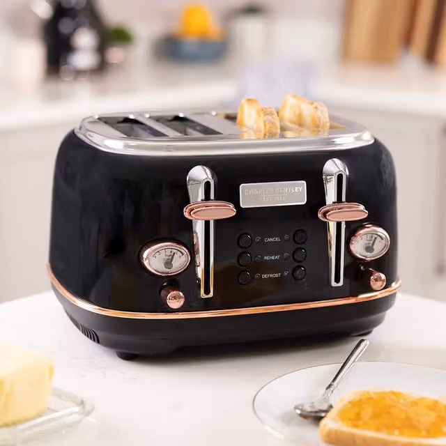 Charles Bentley 4 Slice Stainless Steel Toaster with Tray in Black and Rose Gold