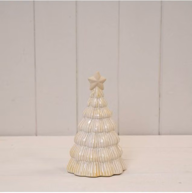 KDMD Medium Stone Glazed Ribbed Ceramic Christmas Tree with Star Topper in Cream and Beige