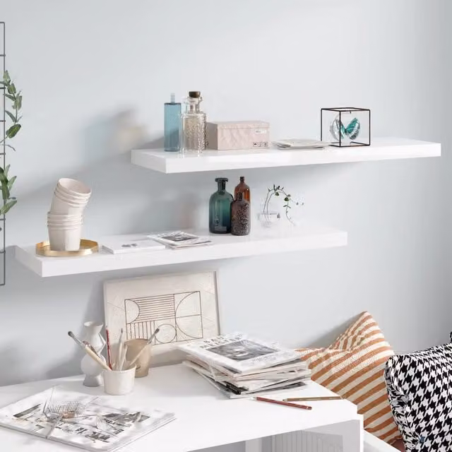 Berkfield Home Floating Wall Shelves, 2 Piece Set, High Gloss White, W/D/H: 90 x 23.5 x 3.8 cm