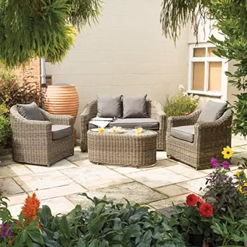 Rowlinsons Bunbury 4-Seater Rattan Garden Furniture Set in Brown with Powder Coated Aluminium Frame, W/D/H: 138 x 80 x 80 cm – 1