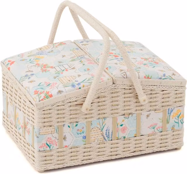 HobbyGift Sewing Bee Twin-Lidded Wicker Hamper Sewing Box in Yellow and Multicolour