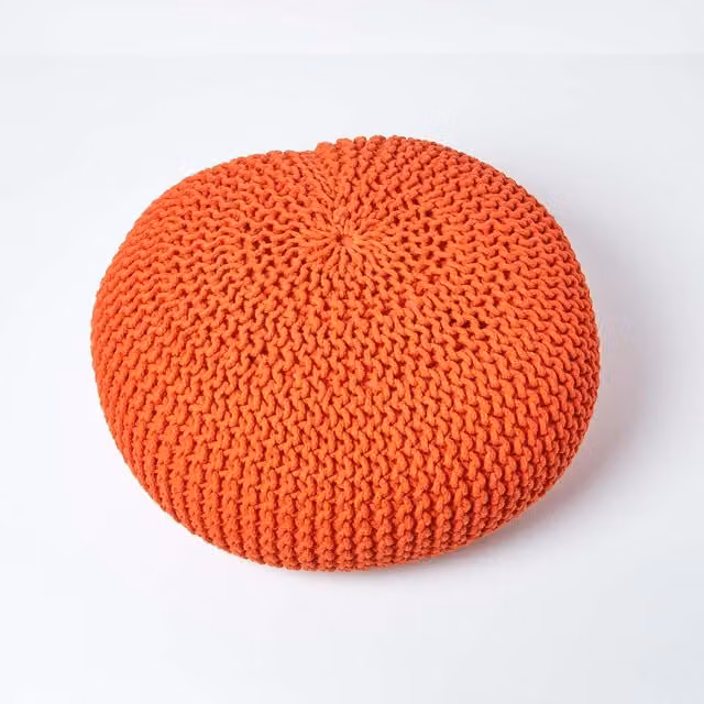 Homescapes Round Cotton Knitted Pouffe in Orange, Diameter: 70 cm