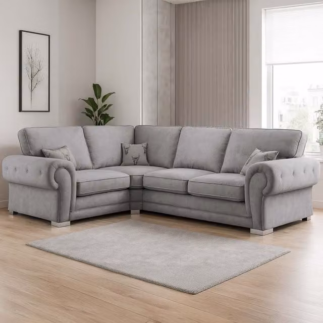 Furnishings For Less UK Milan 4 Seater L Shaped Corner Sofa, Grey Chesterfield Fabric Upholstery, Left Hand Facing – 1
