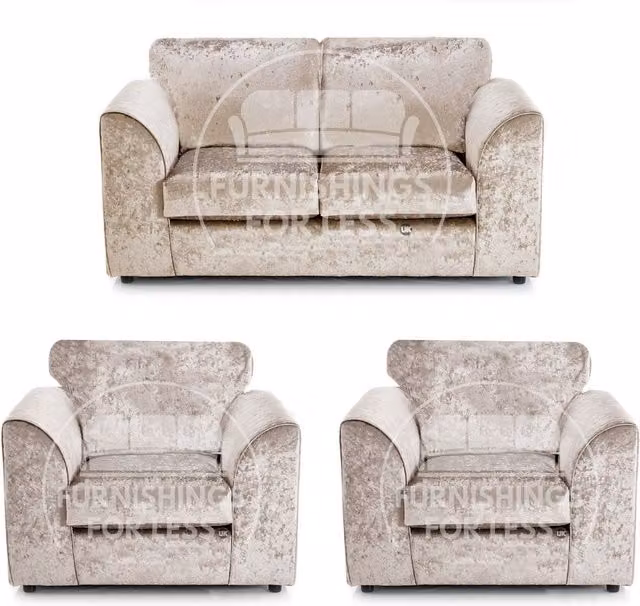 Furnishings For Less UK Crystal Crushed Velvet 3 Piece Sofa Suite in Beige, including 3 Seater, 2 Seater and Armchair