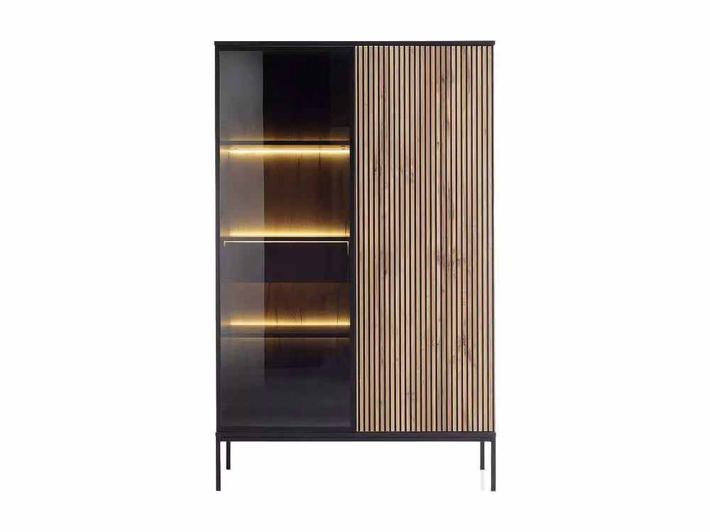 Vente-unique Modern Black MDF Display Cabinet with Smoked Glass Doors, Integrated LED Lighting and 1 Drawer, H 165.5 x W 103.5 x D 39 cm – 2