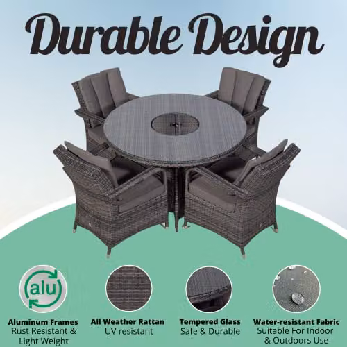 Thats Furniture Giardino Arizona 4 Seater Rattan Garden Dining Set with Ice Bucket Cooler in Grey and Brown, Diameter: 120 cm – 3