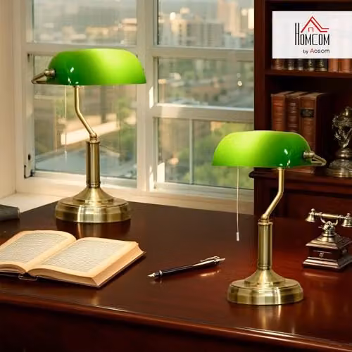 HOMCOM Set of 2 Vintage Banker's Table Lamps with Green Glass Shades and Bronze Metal Base – 2