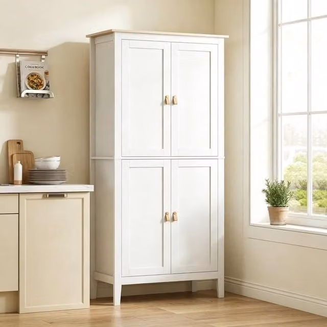 STILVORA White Tall Pantry Cupboard with Motion Sensor LED Light and Hinged Doors – 1