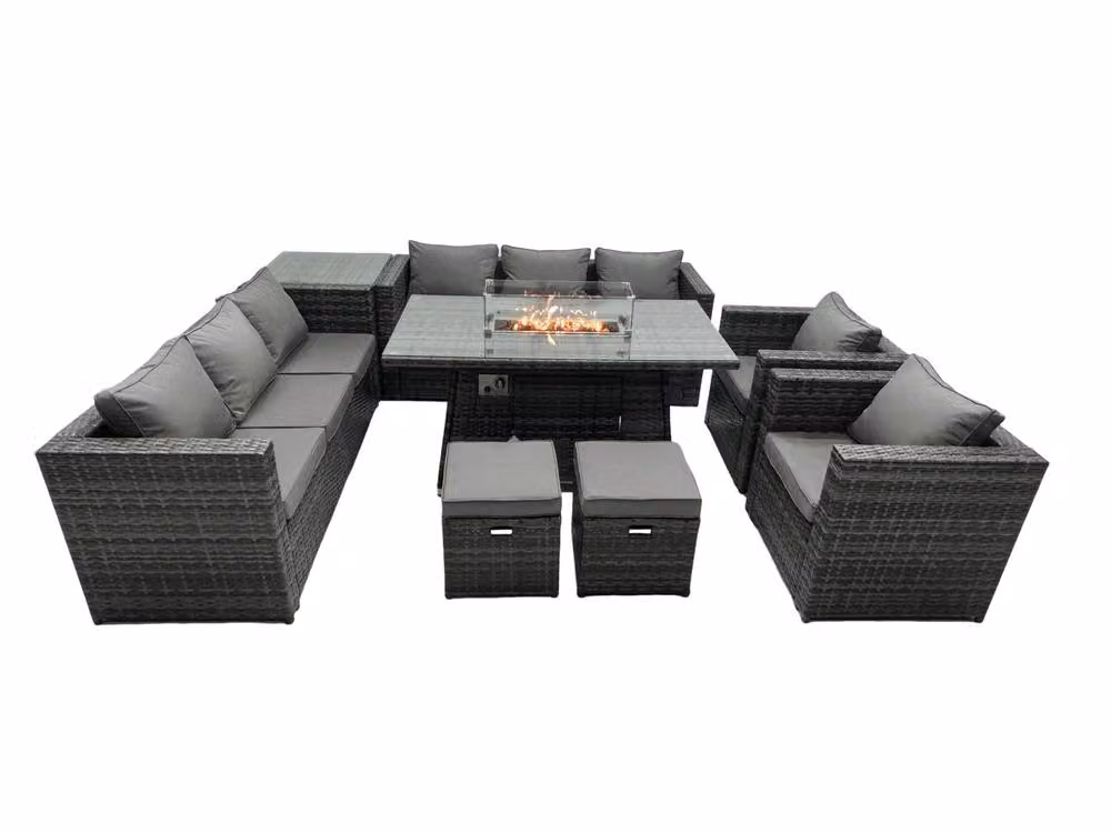 Fimous 10 Seater Rattan Outdoor Lounge and Garden Furniture Set with Gas Firepit, Dining Table, Chairs and Coffee Table in Dark Grey – 2