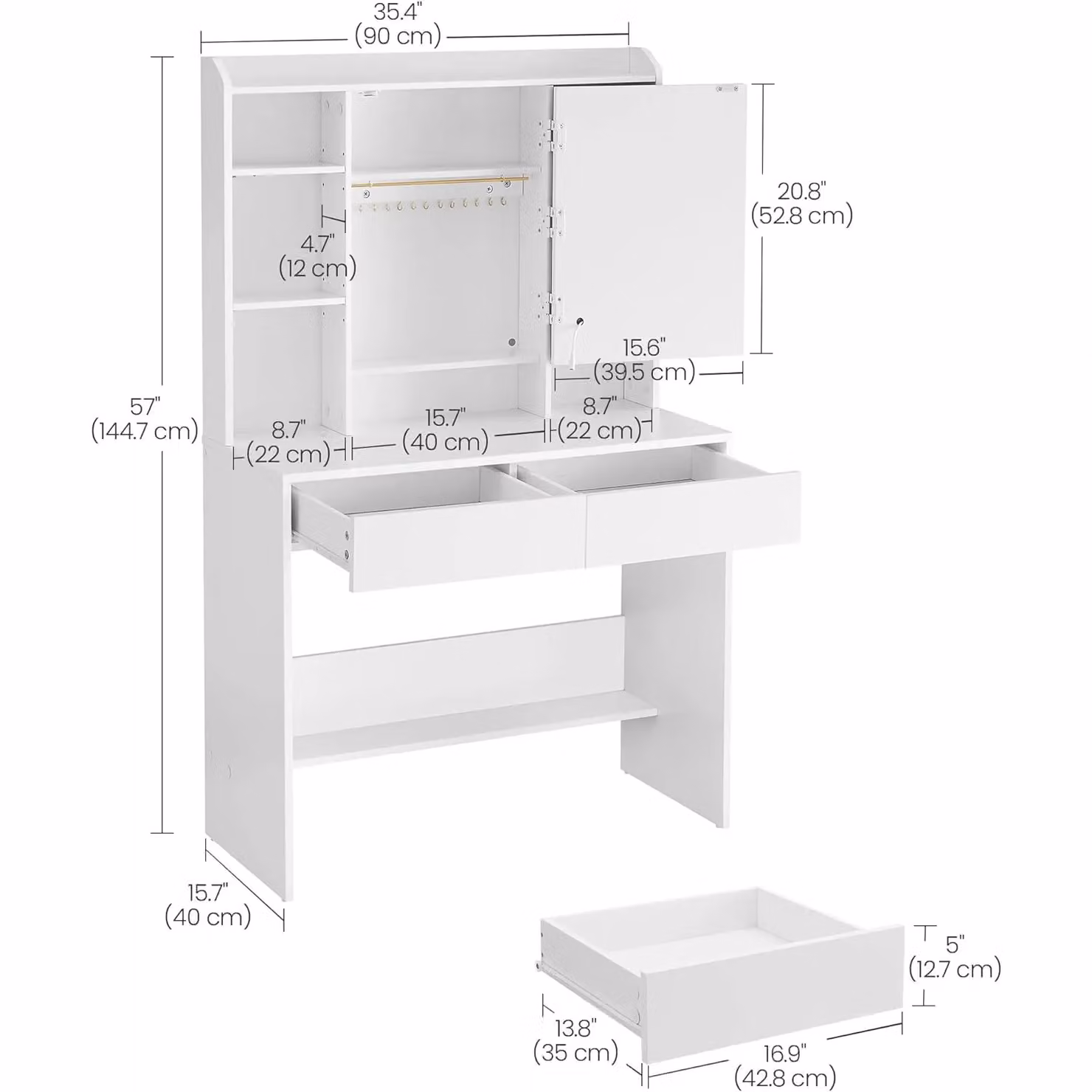 VASAGLE Hollywood LED Vanity Desk in White with Adjustable Brightness Mirror, W: 144.7 cm, D: 90.0 cm, H: 144.7 cm – 2