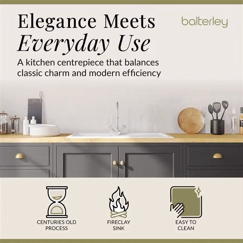 Balterley 1.5 Bowl Inset Fireclay Kitchen Sink with Wastes and Mono Tap, White, W: 101.0 cm, D: 52.5 cm – 2