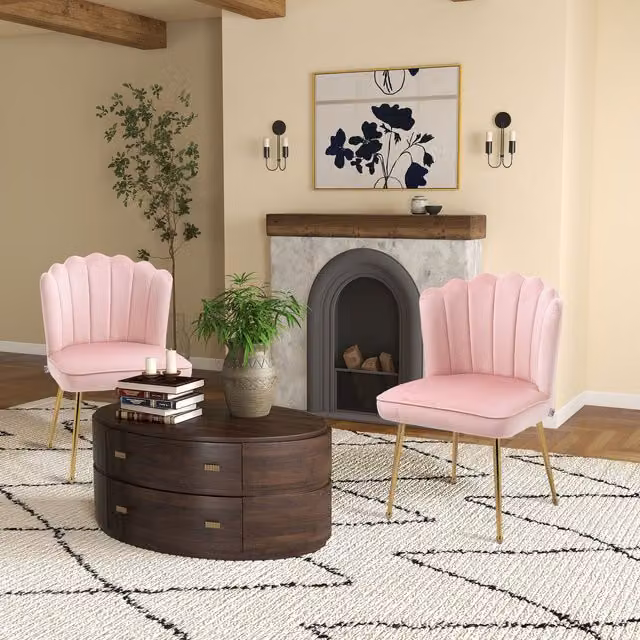 HOMCOM Set of 2 Pink Velvet Shell Accent Chairs with Gold Metal Legs