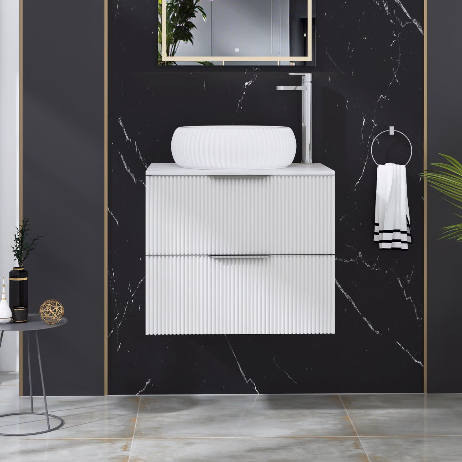 Royal Bathrooms Evora 600mm Matt White Fluted Wall Hung 2 Drawer Vanity Unit with Milan Basin
