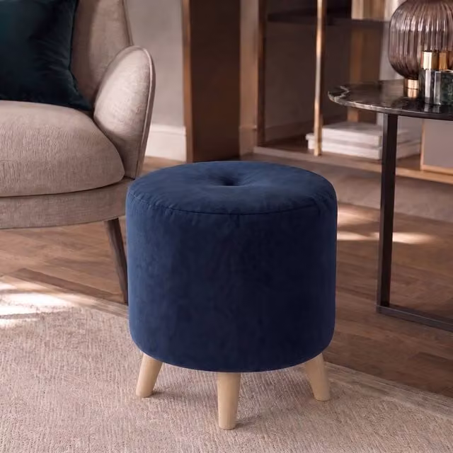 Nexus Mattresses Ltd Round Button Footstool in Indigo Plush Velvet with Natural Angled Feet