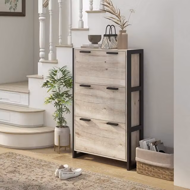 HOMCOM Modern Narrow Shoe Cabinet with 3 Tilting Compartments in Brown