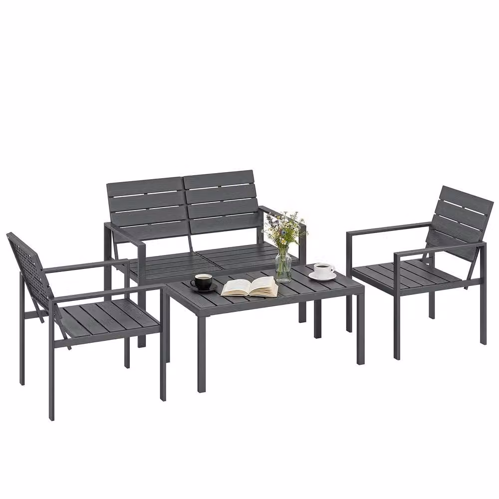 OUTSUNNY 4 Piece Grey Garden Furniture Set with Metal Frame, 2 Seater Sofa, Lounge Armchairs and Coffee Table – 2