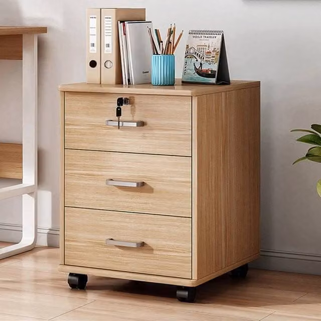KORVIXA 3 Drawer Mobile File Cabinet with Lock and Castors in Natural Wood Brown/Beige