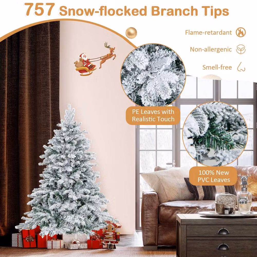 Gymax 4.5 FT Pre-Lit Flocked Christmas Tree with 757 Branch Tips and 120 Lights in Green and White – 4